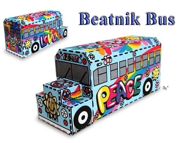 Beatnik Bus from the Flower Power set of 3D printable paper model crafts. This instant download covered hippie bus has the word peace on one side, and love on the other, and is covered in peace signs, flowers, smiling suns, and even rainbows.
