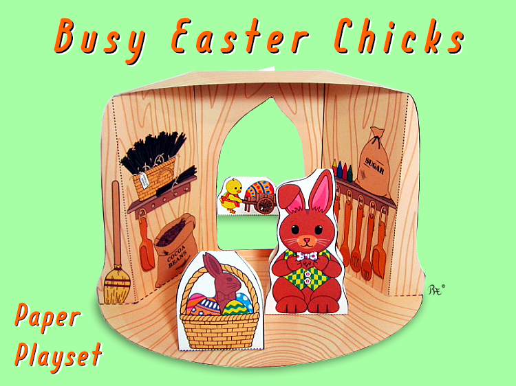 Busy Easter Chicks printable cut-out and 3D paper playset craft with the Easter bunny, chocolate rabbit, basket, chicks, and Easter egg decorations. Plus flowers and a tree trunk workshop. Available for instant download.