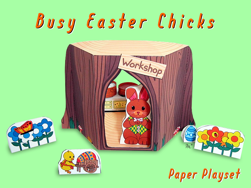 Busy Easter Chicks printable cut-out and 3D paper playset craft with the Easter bunny, chocolate rabbit, basket, chicks, and Easter egg decorations. Plus flowers and a tree trunk workshop. Available for instant download.