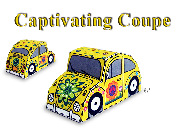 Captivating Coupe from the Flower Power set of 3D printable paper model crafts. This instant download VW style beetle bug car is covered in peace signs and flowers.
