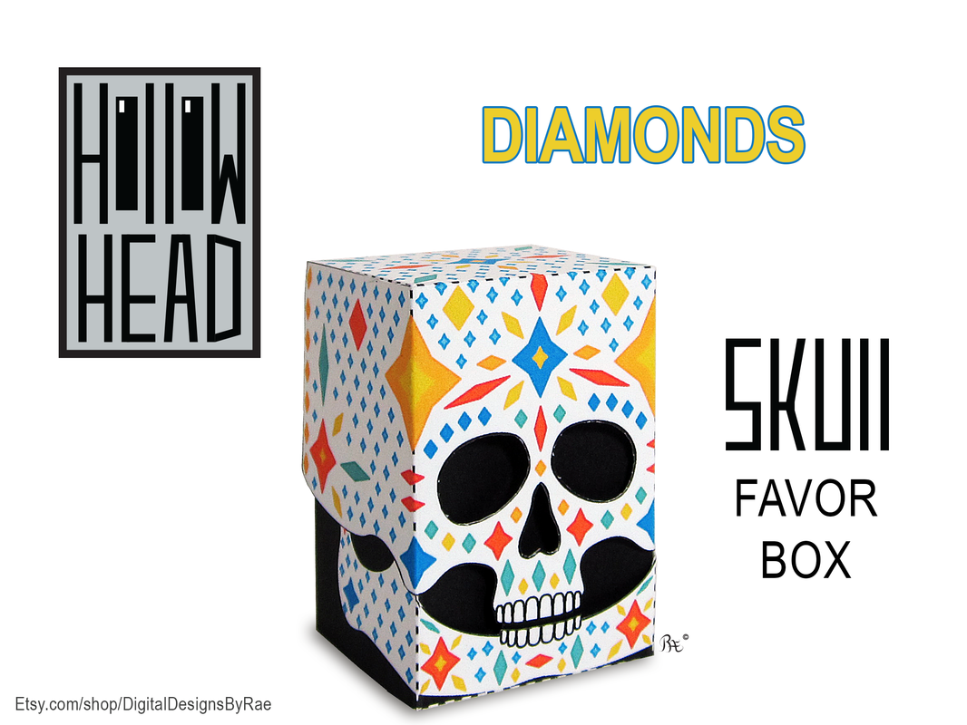 Hollow Head Diamonds Sugar Skull from a set of 3 favor boxes for Halloween treats and gifts. Instant download printable package paper craft.