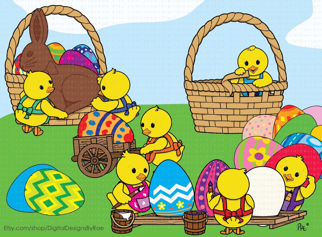 Busy Easter Chicks clipart images with the Easter bunny, chocolate rabbit, basket, chicks, and Easter eggs. Available for instant download for your designs in  jpg and png.