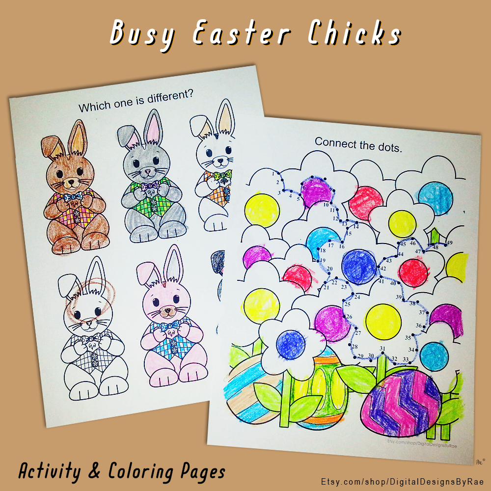 Busy Easter Chicks coloring and activity printable worksheets featuring the Easter bunny, chocolate rabbit, chicks, and Easter eggs.  Activities include coloring, dot-to-dot, maze, differences and a word search for non-religious non-Christian words related to Easter.