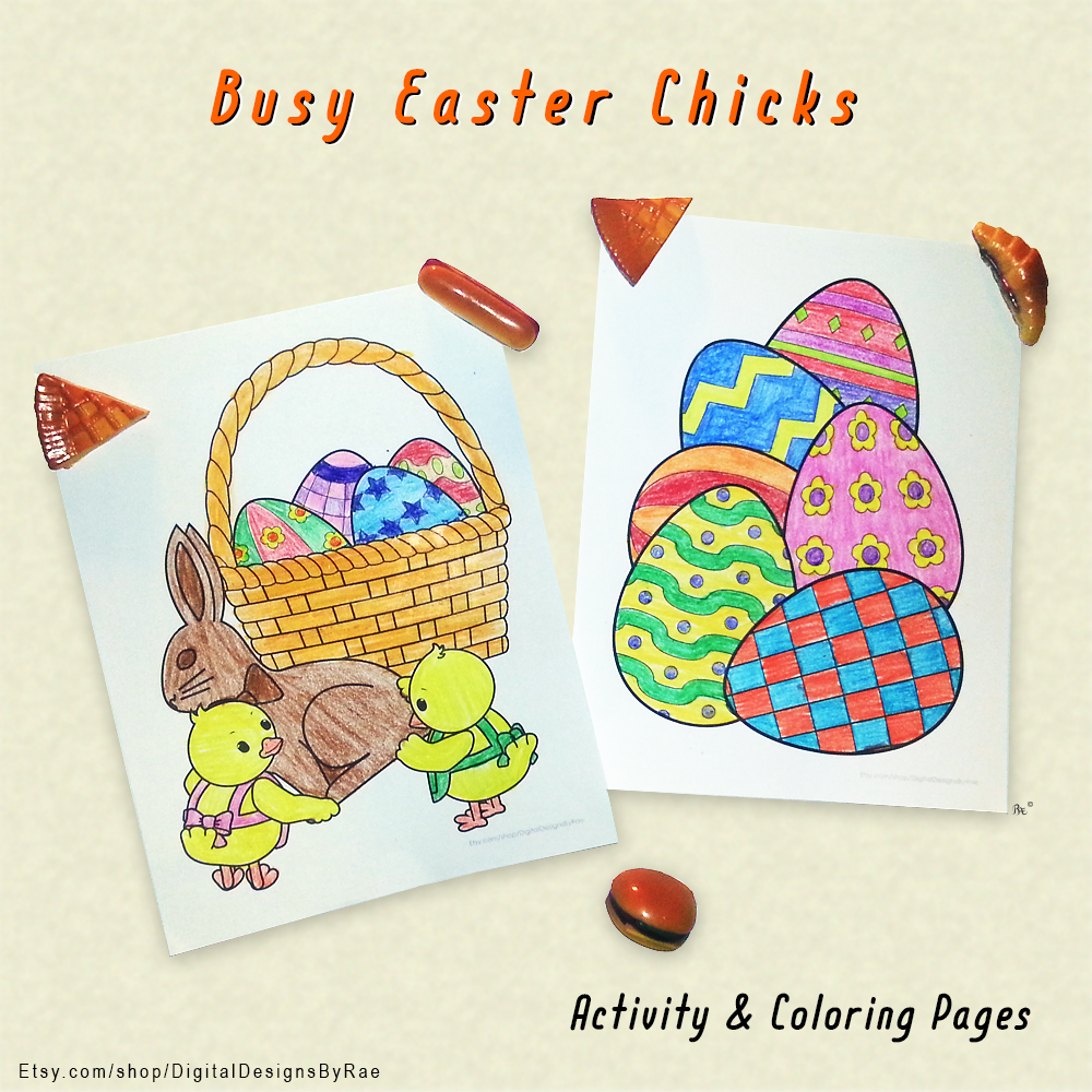 Busy Easter Chicks coloring and activity printable worksheets featuring the Easter bunny, chocolate rabbit, chicks, and Easter eggs. 