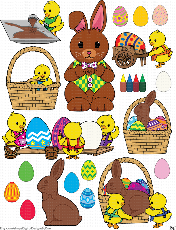 Busy Easter Chicks clipart images with the Easter bunny, chocolate rabbit, basket, chicks, and Easter eggs. Available for instant download for your designs in  jpg and png.