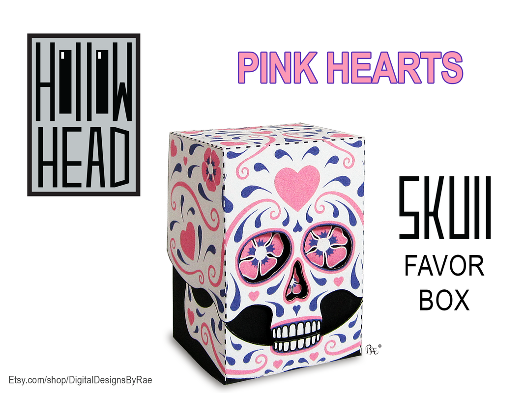 Hollow Head Pink Hearts Sugar Skull from a set of 3 favor boxes for Halloween treats and gifts. Instant download printable package paper craft.