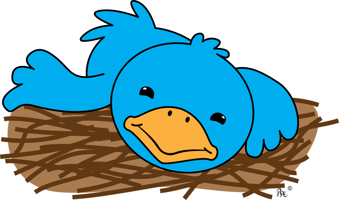 Cartoon of a lazy blue bird that is no early bird, and does not have the energy to get out of bed to get that worm. Maybe it is Monday morning?