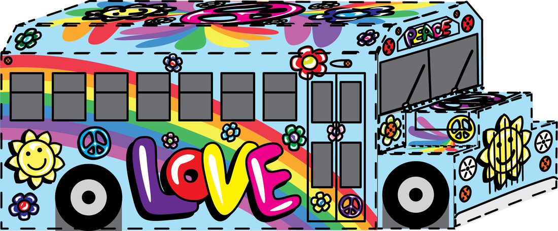 Process image of the Beatnik Bus from the Flower Power set of 3D printable paper model crafts. This school bus is covered in hippie propaganda of peace, love, flowers, happy suns, and rainbows..