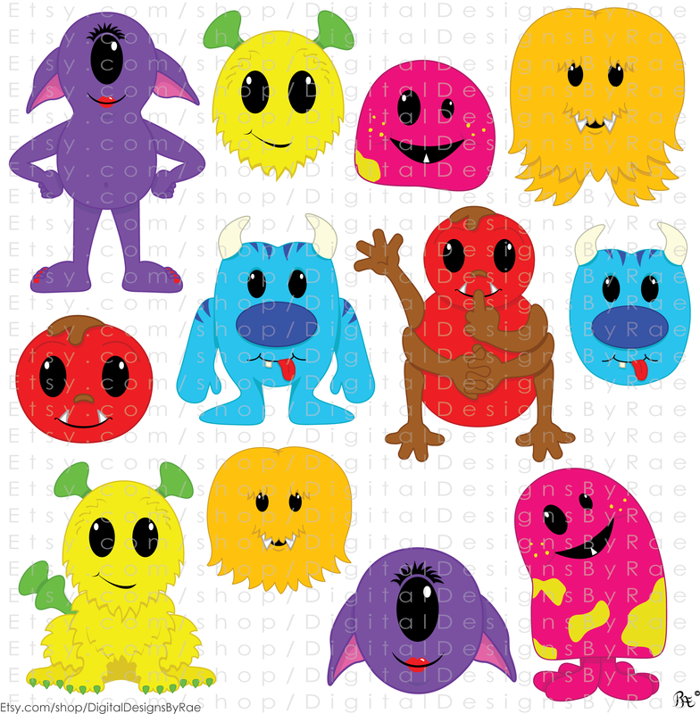 Merry Monsters clipart images of 6 happy, smiling creatures for instant download.