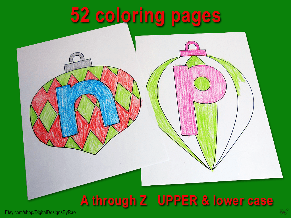 Holiday Ornament set of 52 printable pages of the alphabet from a-z, upper and lower case, on Christmas tree ornaments to color. Instant download files of preschool, kindergarten, early education worksheets to aid in learning the letters of the alphabet. Deck the walls with educational coloring pages!