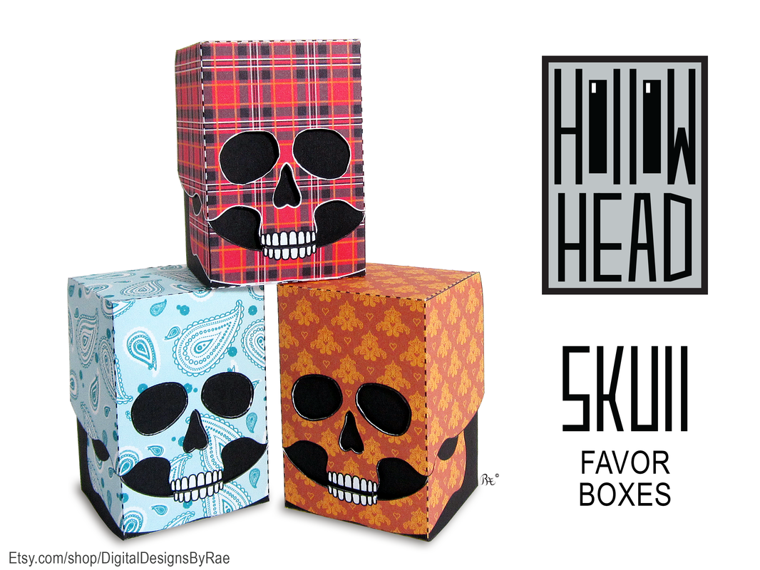 Hollow Head Skull favor boxes with a wallpaper pattern, red plaid, and a paisley pattern for Halloween treats and gifts. Instant download printable package paper craft.