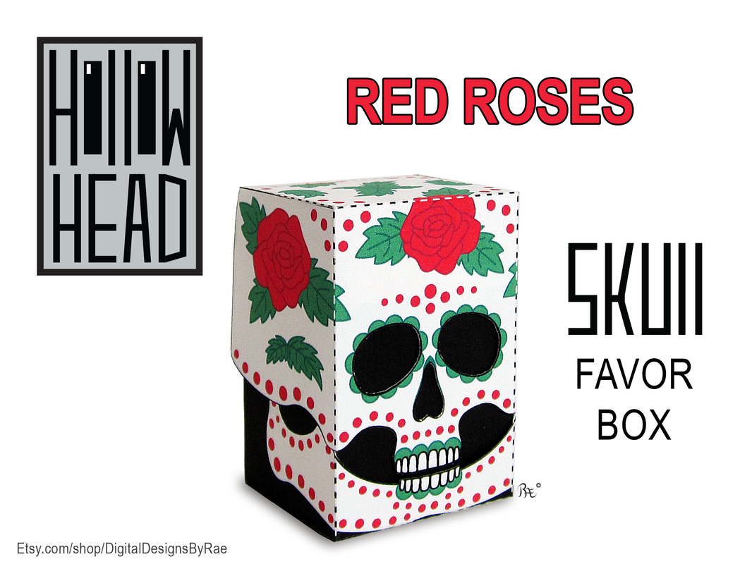 Hollow Head Red Roses Sugar Skull from a set of 3 favor boxes for Halloween treats and gifts. Instant download printable package paper craft.