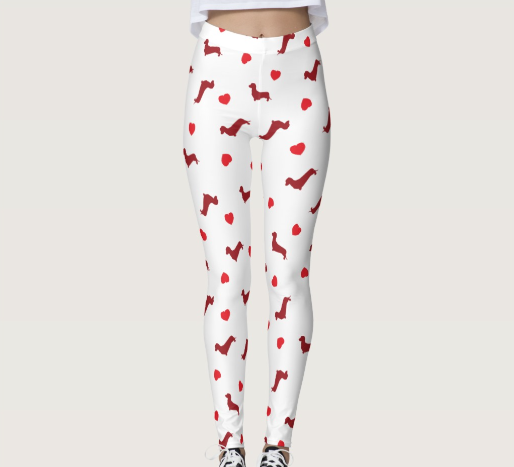 Doxie Love red Dachshund weiner dog silhouette with red hearts on white leggings.