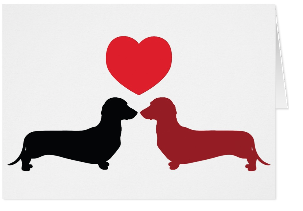 Doxie Love featuring black and red dachshund (hot dog) silhouettes on a customizable greeting card with a big red heart.