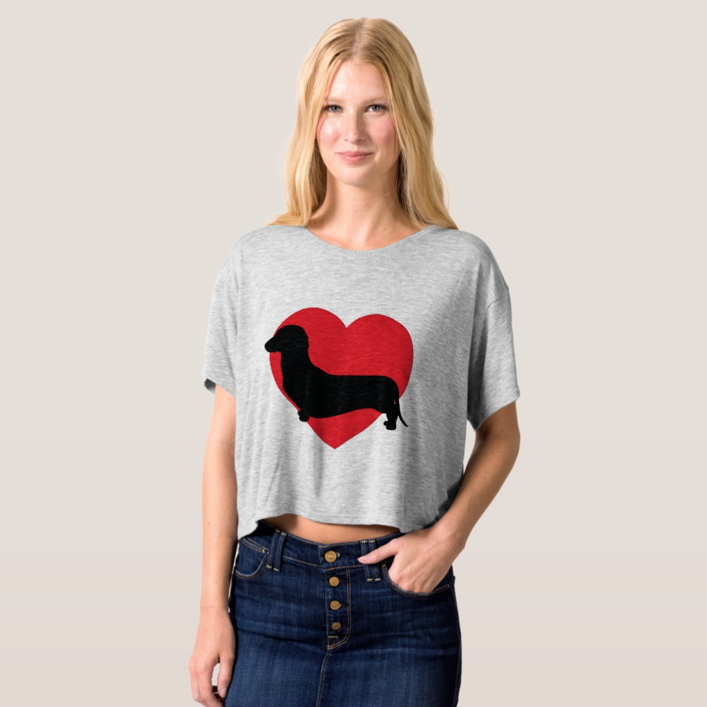 Doxie Love smooth black stamp of a dachshund silhouette on a big red heart printed on a Zazzle customizable ladies woman's top that allows you to add your own text.