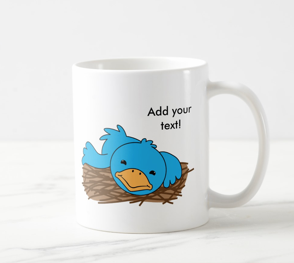 Not So Early Bird sleepy Monday morning blue bird still in the nest because it has no energy to get up for that worm. Funny cartoon image that you can add your text to on Zazzle products like this coffee cup mug.