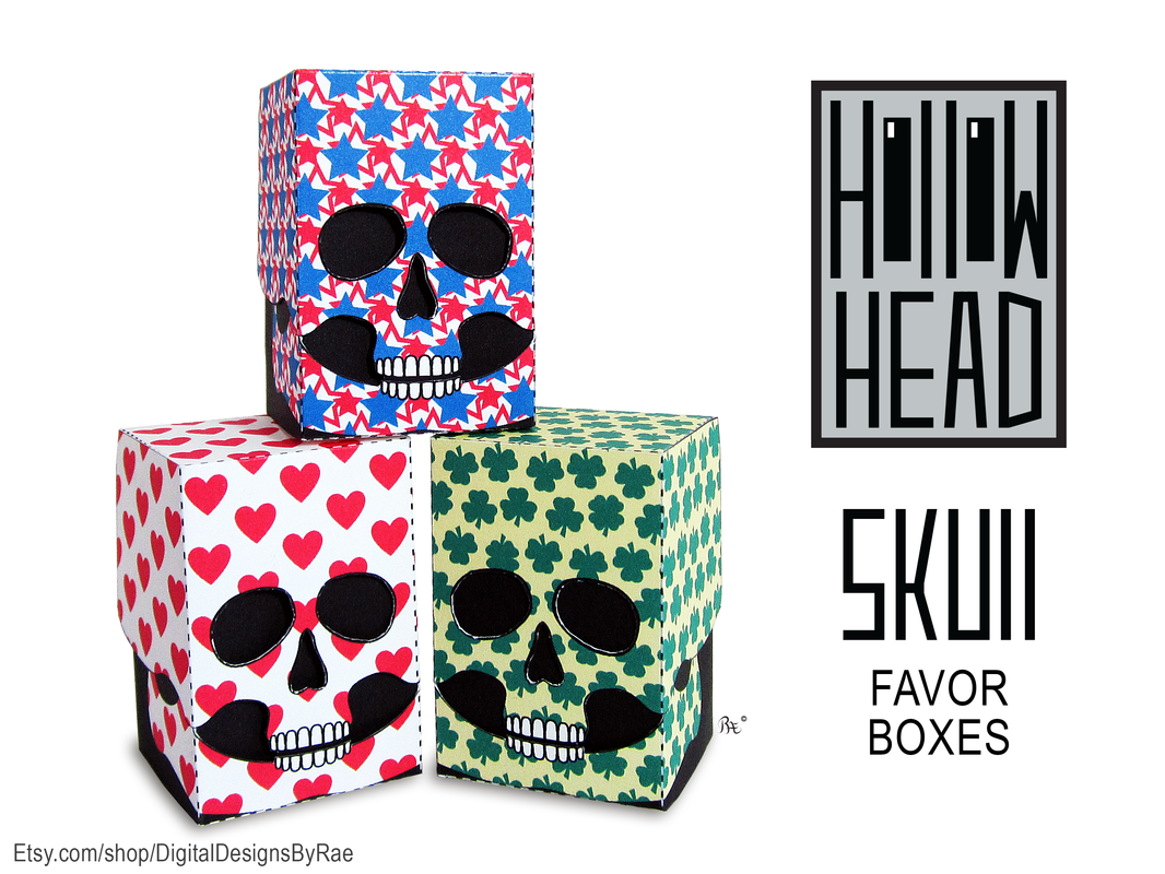 Hollow Head Skull favor boxes with hearts, USA red and blue stars, and shamrock clovers for Halloween treats and gifts. Instant download printable package paper craft.