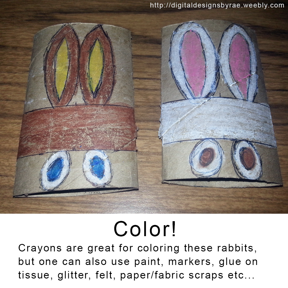 Coloring on recycled toilet paper tubes to make bunny rabbit child craft.
