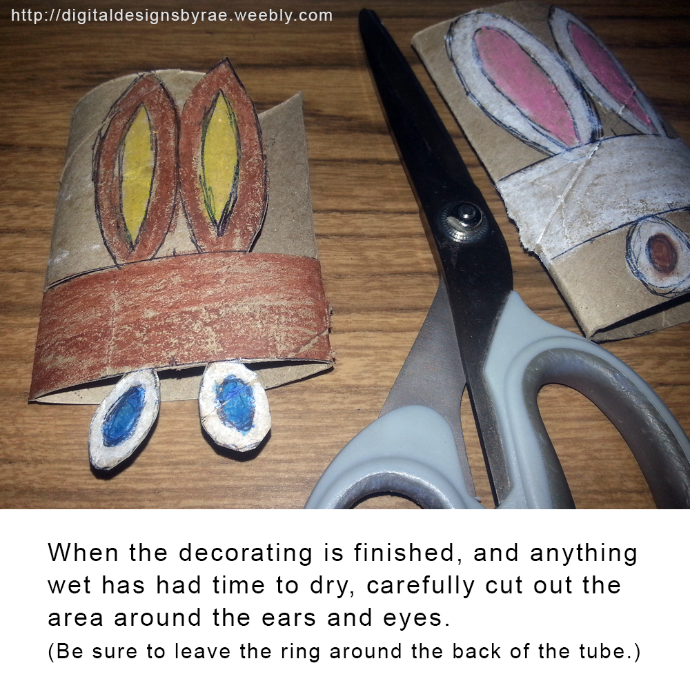 Cut out recycled toilet paper cardboard tubes to make funny bunnies!