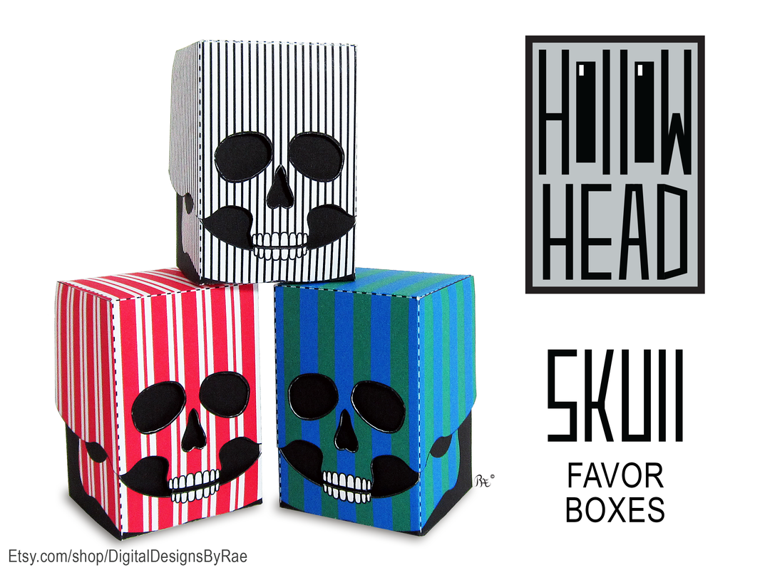 Hollow Head Skull favor boxes with red and white stripes, black and white stripes, and blue and green stripes for Halloween treats and gifts. Instant download printable package paper craft.
