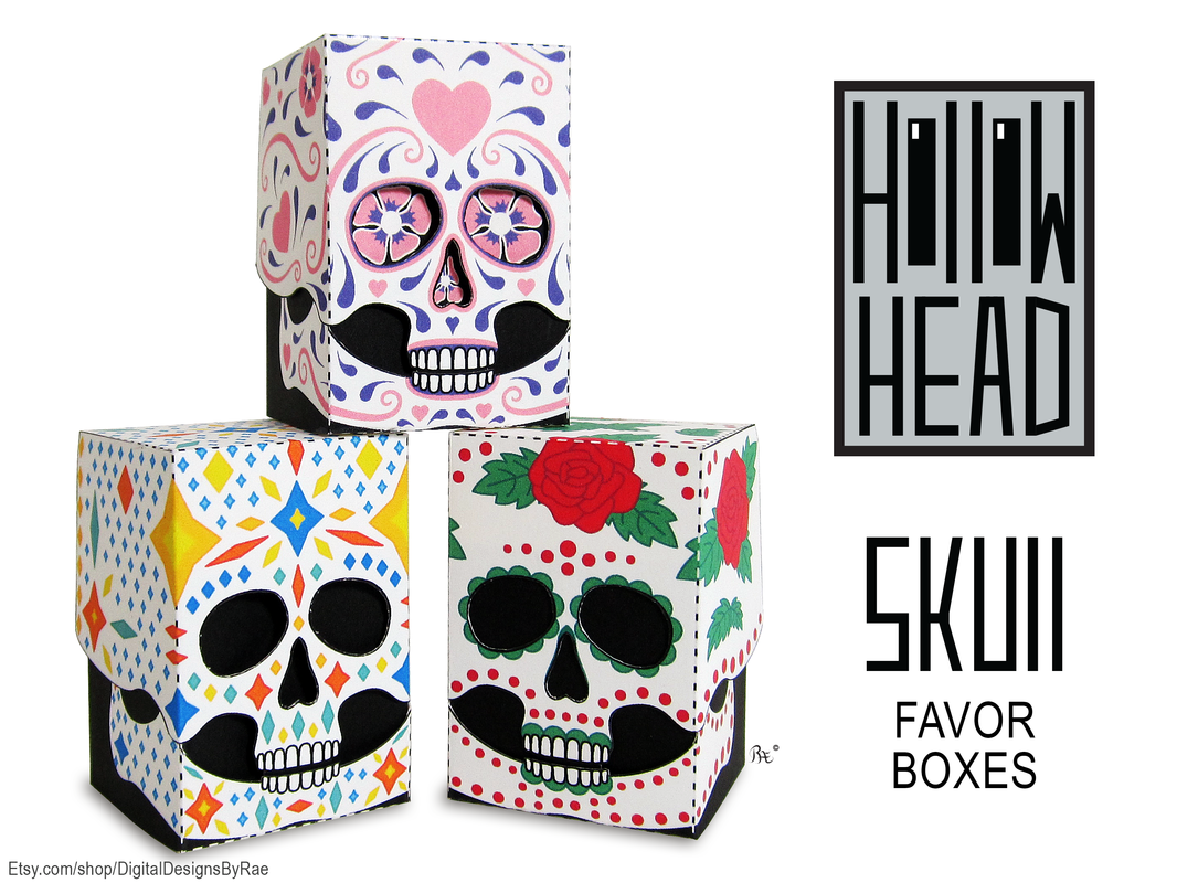 Hollow Head Sugar Skull favor boxes for Halloween treats and gifts. Instant download printable package paper craft.