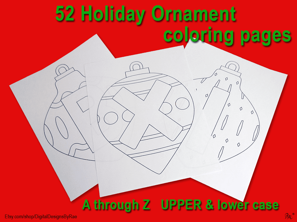 Holiday Ornament set of 52 printable pages of the alphabet from a-z, upper and lower case, on Christmas tree ornaments to color. Instant download files of preschool, kindergarten, early education worksheets to aid in learning the letters of the alphabet.