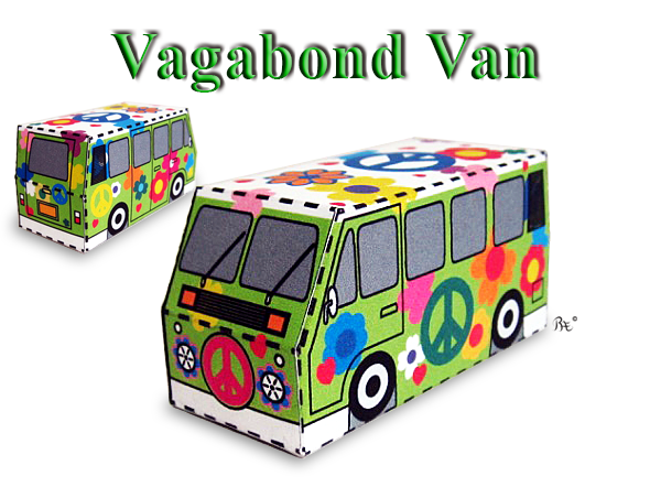 Vagabond Van from the Flower Power set of 3D printable paper model crafts. This instant download VW style van is covered in peace signs and flowers.
